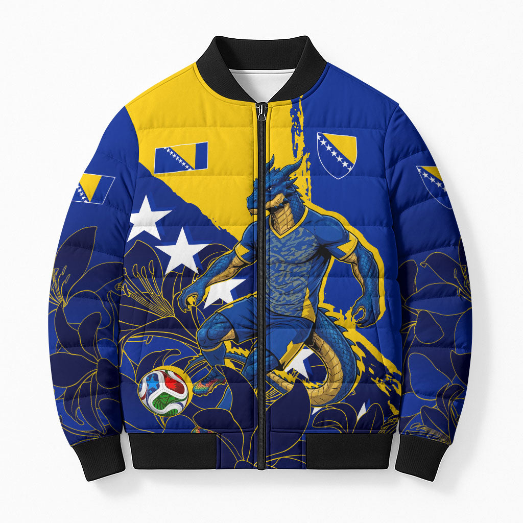 Personalized Bosnia And Herzegovina Football Dragon Mascot Bomber Puffer Jacket Balkan Soccer Design With Floral Line Art