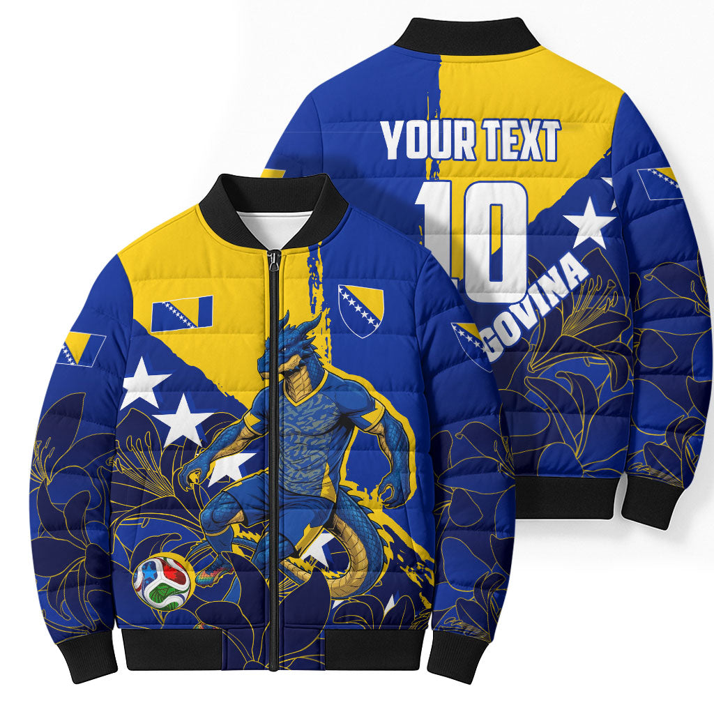 Personalized Bosnia And Herzegovina Football Dragon Mascot Bomber Puffer Jacket Balkan Soccer Design With Floral Line Art