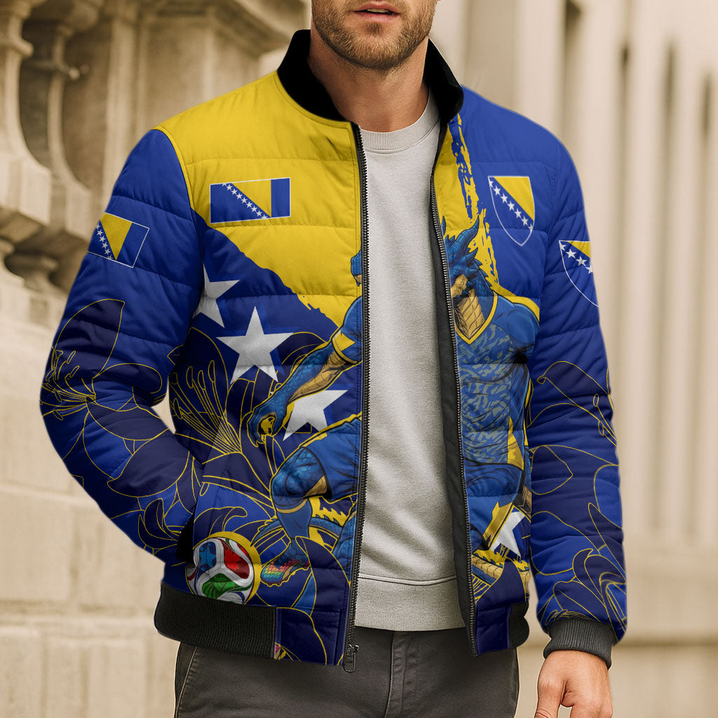 Personalized Bosnia And Herzegovina Football Dragon Mascot Bomber Puffer Jacket Balkan Soccer Design With Floral Line Art