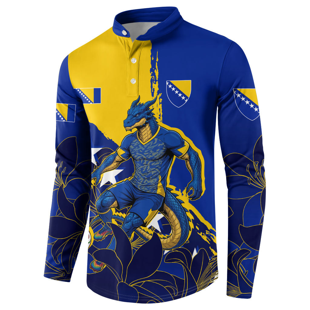 Personalized Bosnia And Herzegovina Football Dragon Mascot Button Sweatshirt Balkan Soccer Design With Floral Line Art