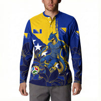 Personalized Bosnia And Herzegovina Football Dragon Mascot Button Sweatshirt Balkan Soccer Design With Floral Line Art