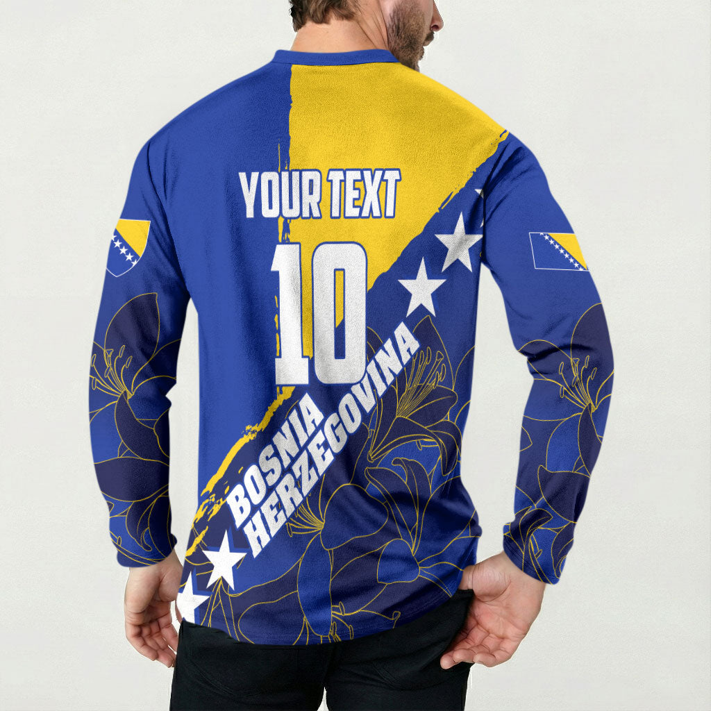 Personalized Bosnia And Herzegovina Football Dragon Mascot Button Sweatshirt Balkan Soccer Design With Floral Line Art