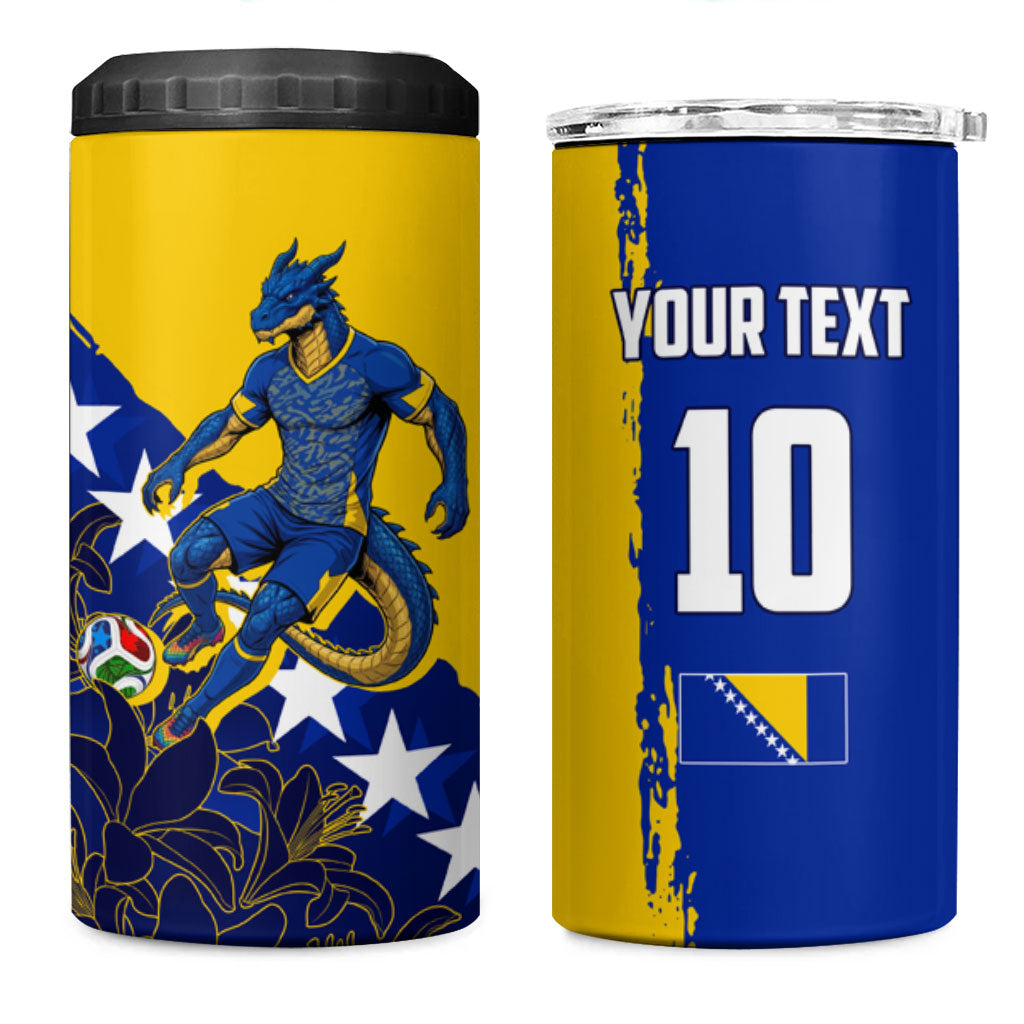 Personalized Bosnia And Herzegovina Football Dragon Mascot 4 in 1 Can Cooler Tumbler Balkan Soccer Design With Floral Line Art