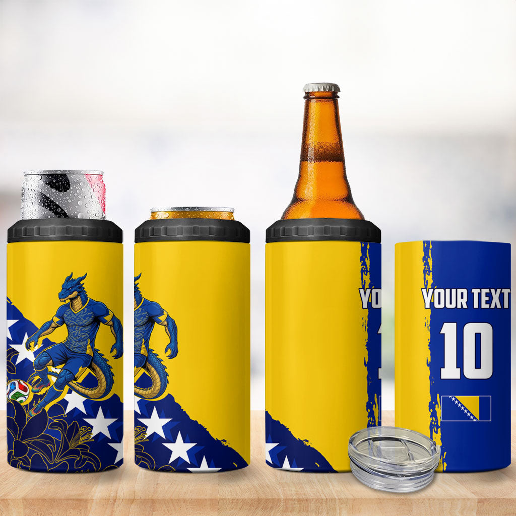 Personalized Bosnia And Herzegovina Football Dragon Mascot 4 in 1 Can Cooler Tumbler Balkan Soccer Design With Floral Line Art