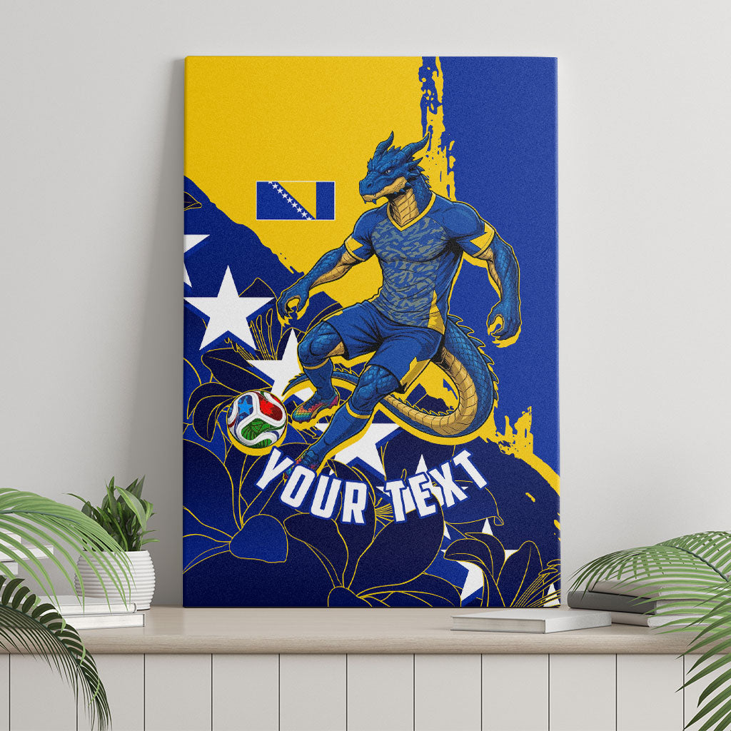 Personalized Bosnia And Herzegovina Football Dragon Mascot Canvas Wall Art Balkan Soccer Design With Floral Line Art
