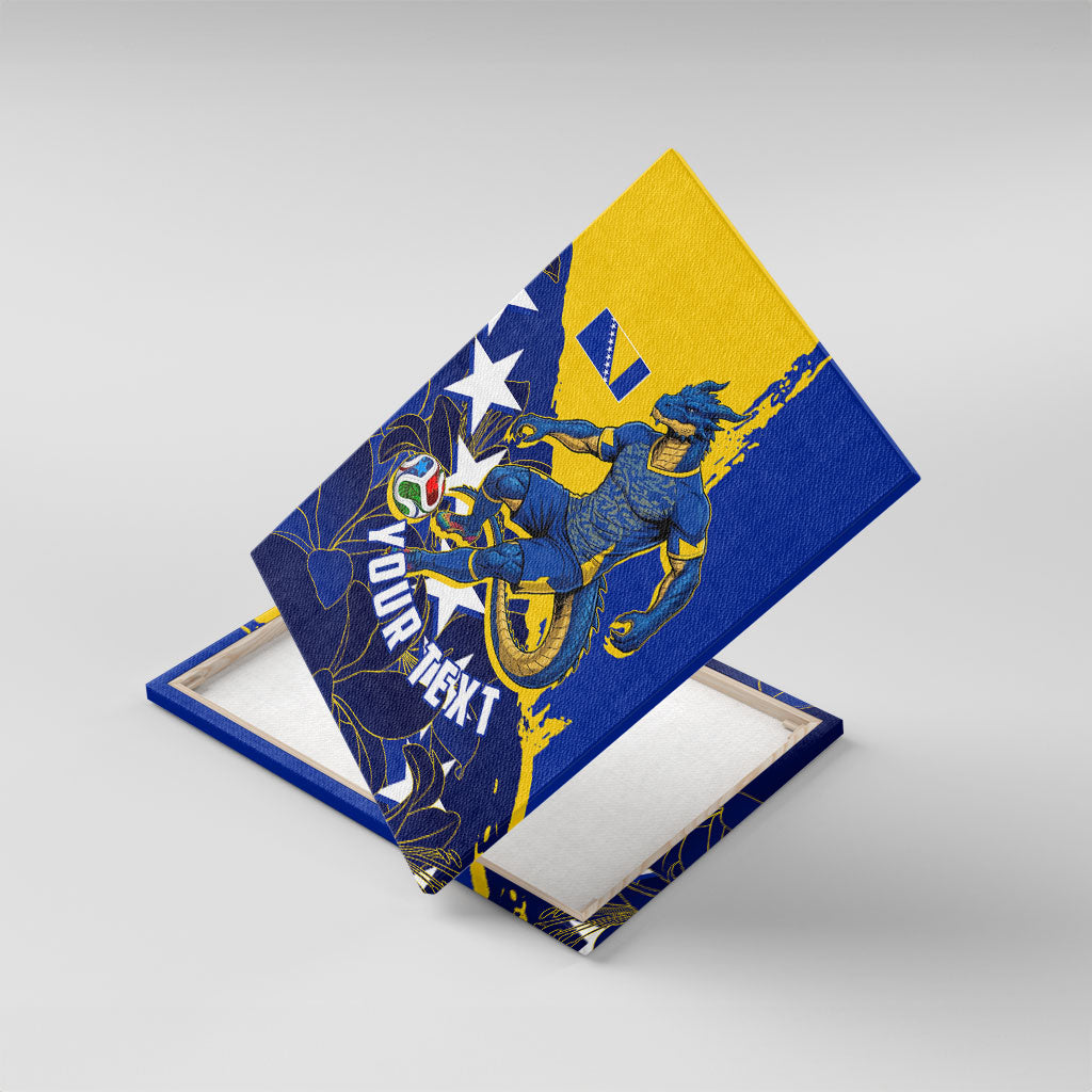 Personalized Bosnia And Herzegovina Football Dragon Mascot Canvas Wall Art Balkan Soccer Design With Floral Line Art