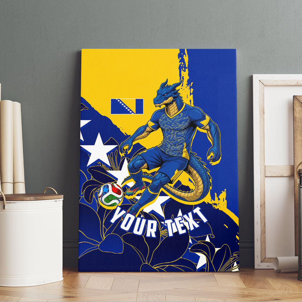 Personalized Bosnia And Herzegovina Football Dragon Mascot Canvas Wall Art Balkan Soccer Design With Floral Line Art