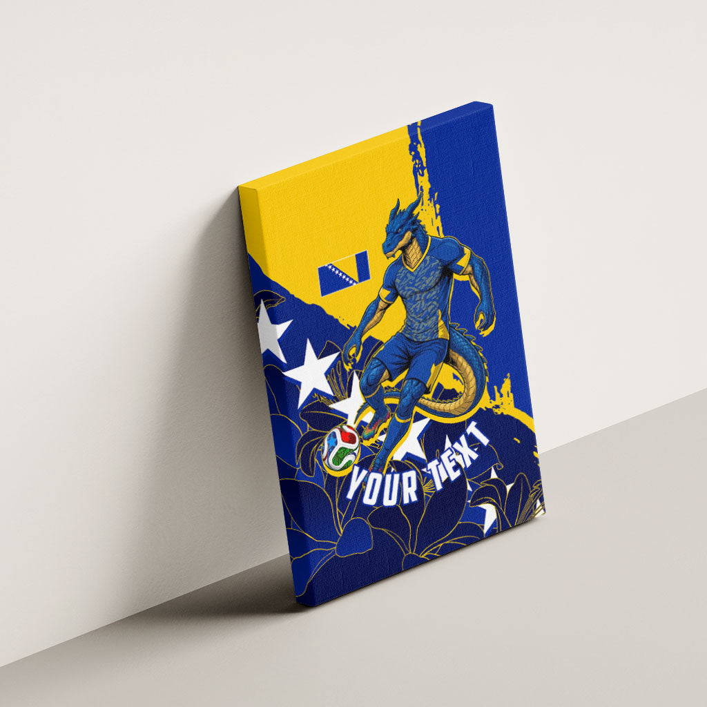 Personalized Bosnia And Herzegovina Football Dragon Mascot Canvas Wall Art Balkan Soccer Design With Floral Line Art