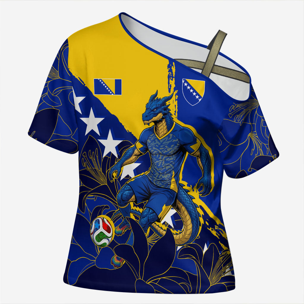 Personalized Bosnia And Herzegovina Football Dragon Mascot Cross Shoulder Shirt Balkan Soccer Design With Floral Line Art
