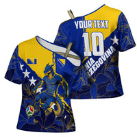 Personalized Bosnia And Herzegovina Football Dragon Mascot Cross Shoulder Shirt Balkan Soccer Design With Floral Line Art
