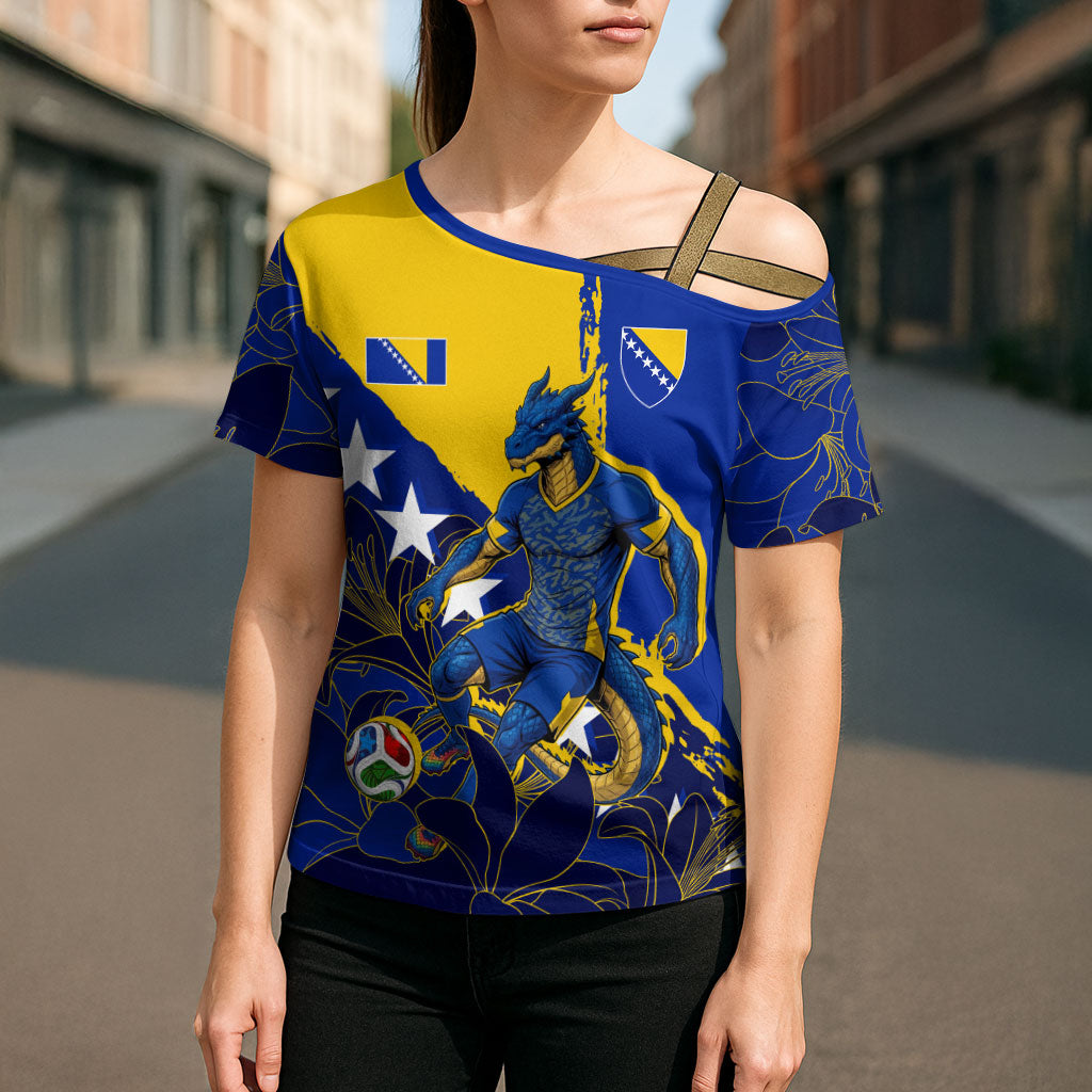 Personalized Bosnia And Herzegovina Football Dragon Mascot Cross Shoulder Shirt Balkan Soccer Design With Floral Line Art