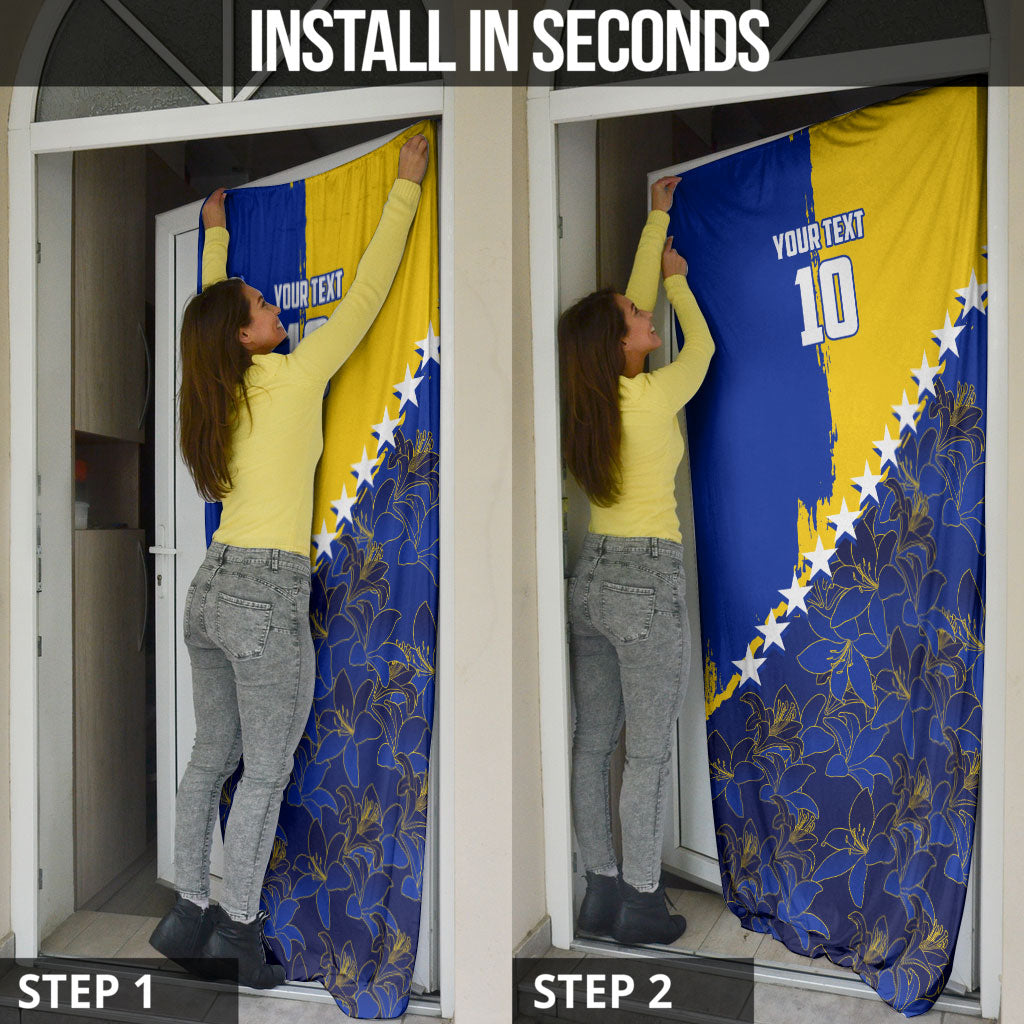 Personalized Bosnia And Herzegovina Football Dragon Mascot Door Cover Balkan Soccer Design With Floral Line Art