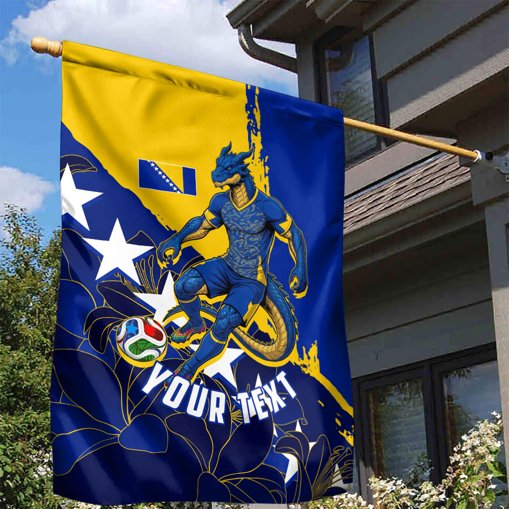 Personalized Bosnia And Herzegovina Football Dragon Mascot Garden Flag Balkan Soccer Design With Floral Line Art