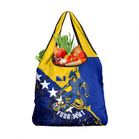 Personalized Bosnia And Herzegovina Football Dragon Mascot Grocery Bag Balkan Soccer Design With Floral Line Art