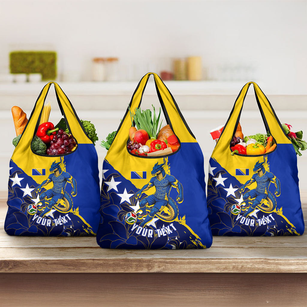 Personalized Bosnia And Herzegovina Football Dragon Mascot Grocery Bag Balkan Soccer Design With Floral Line Art