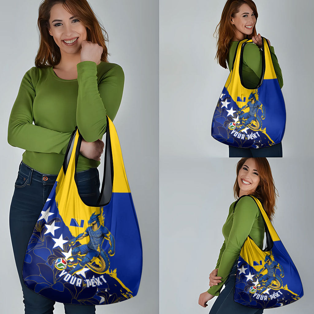 Personalized Bosnia And Herzegovina Football Dragon Mascot Grocery Bag Balkan Soccer Design With Floral Line Art