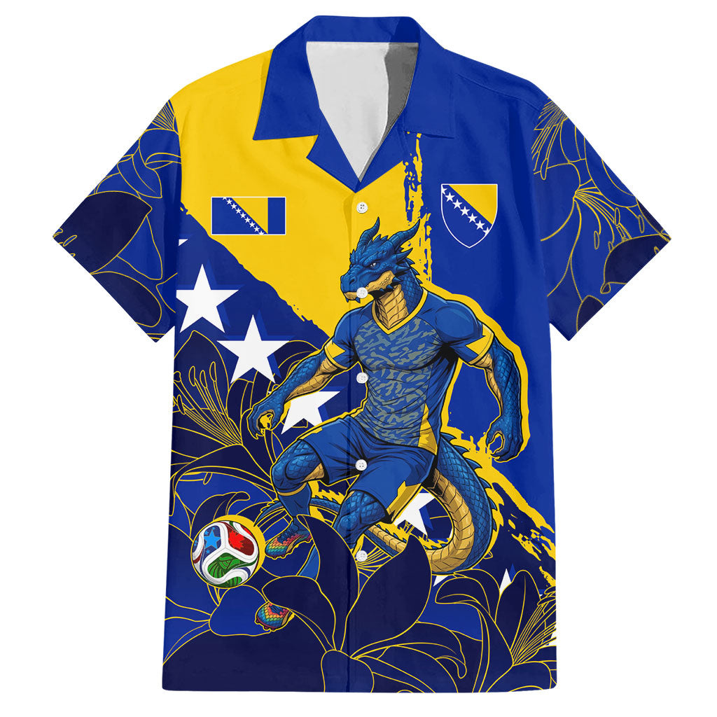 Personalized Bosnia And Herzegovina Football Dragon Mascot Hawaiian Shirt Balkan Soccer Design With Floral Line Art