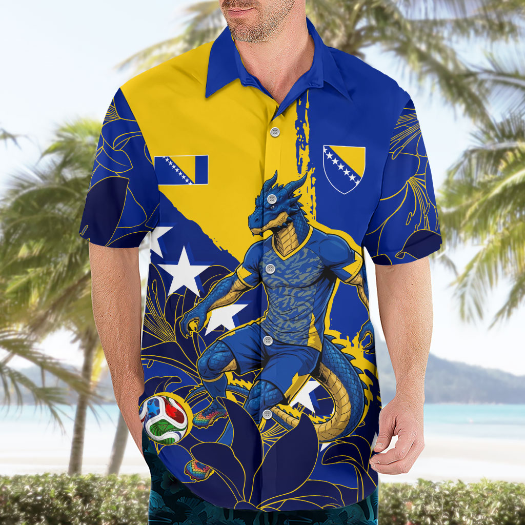 Personalized Bosnia And Herzegovina Football Dragon Mascot Hawaiian Shirt Balkan Soccer Design With Floral Line Art