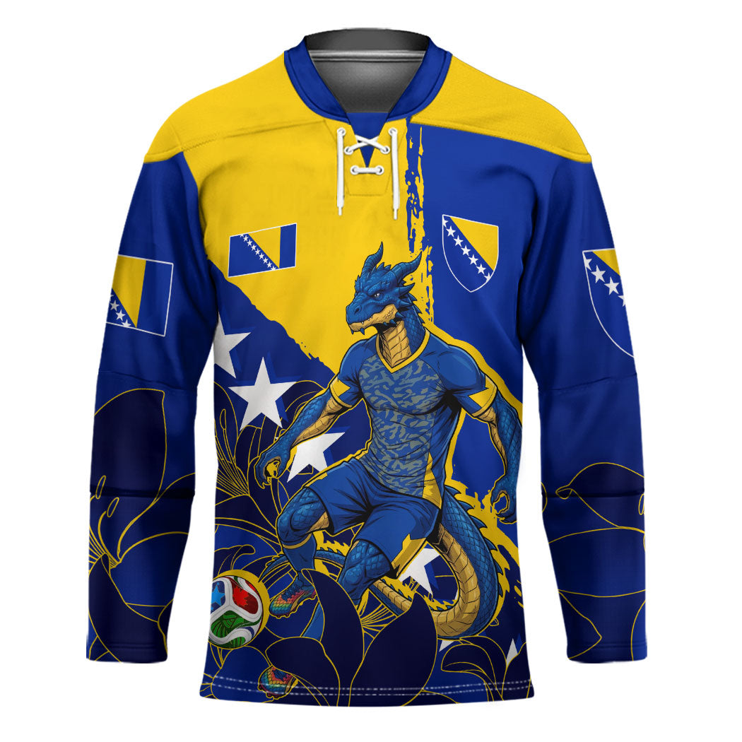 Personalized Bosnia And Herzegovina Football Dragon Mascot Hockey Jersey Balkan Soccer Design With Floral Line Art