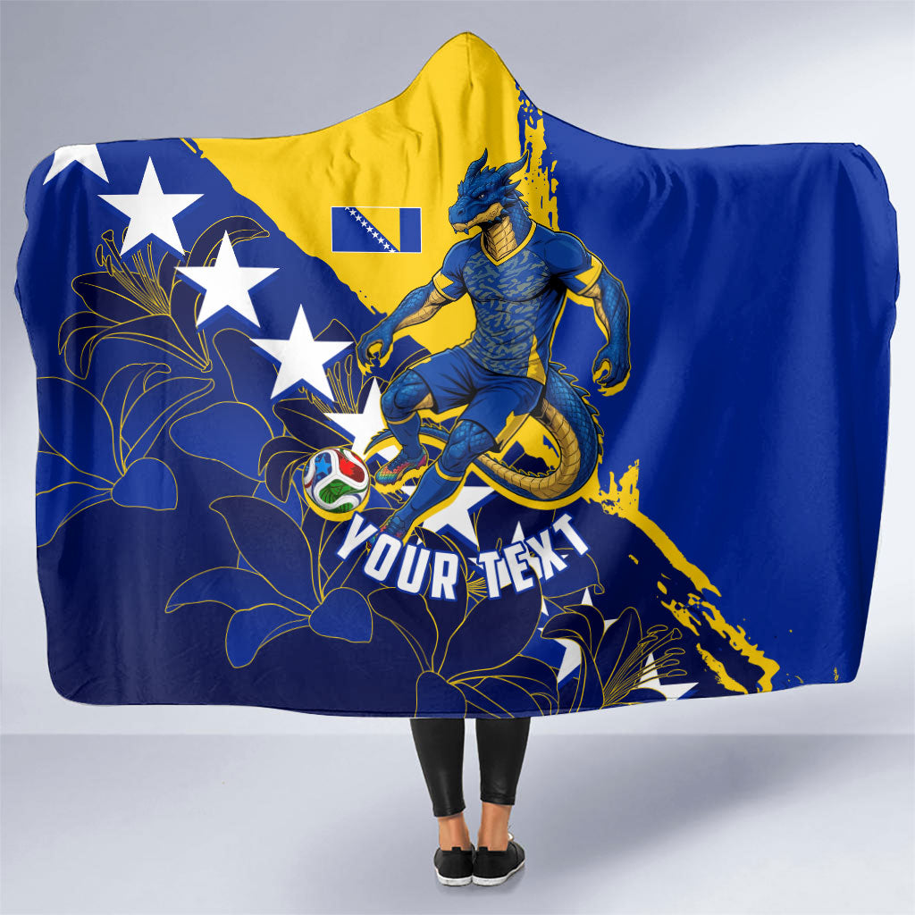 Personalized Bosnia And Herzegovina Football Dragon Mascot Hooded Blanket Balkan Soccer Design With Floral Line Art