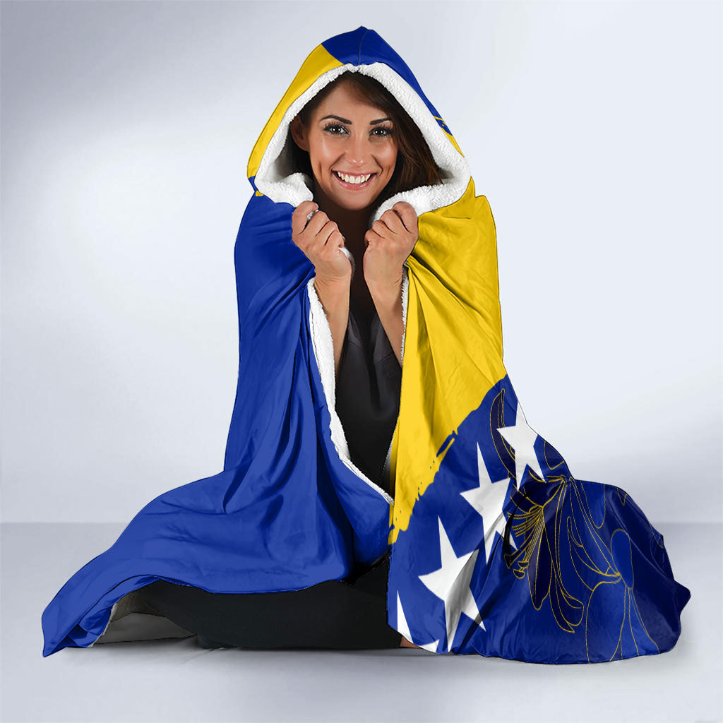 Personalized Bosnia And Herzegovina Football Dragon Mascot Hooded Blanket Balkan Soccer Design With Floral Line Art