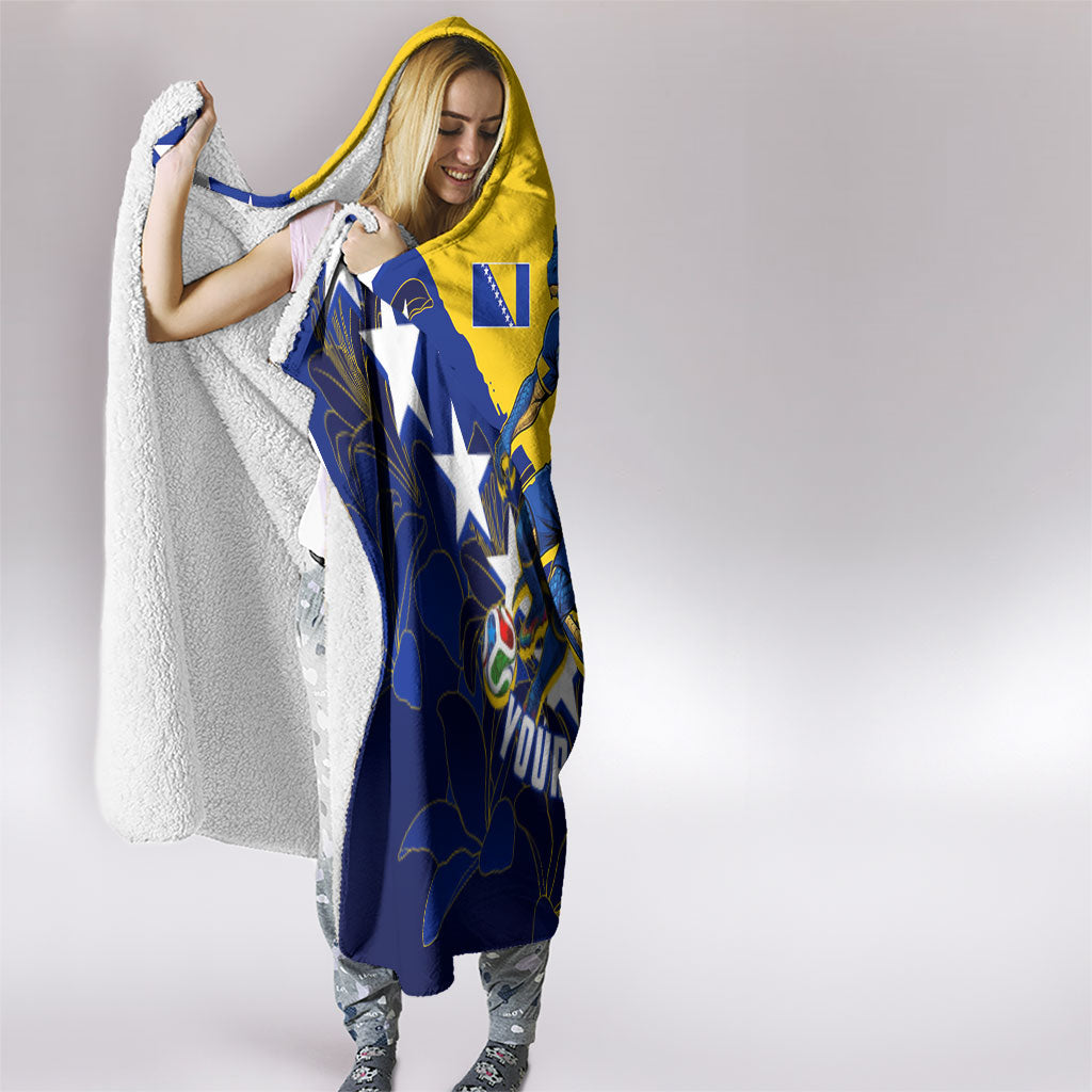 Personalized Bosnia And Herzegovina Football Dragon Mascot Hooded Blanket Balkan Soccer Design With Floral Line Art