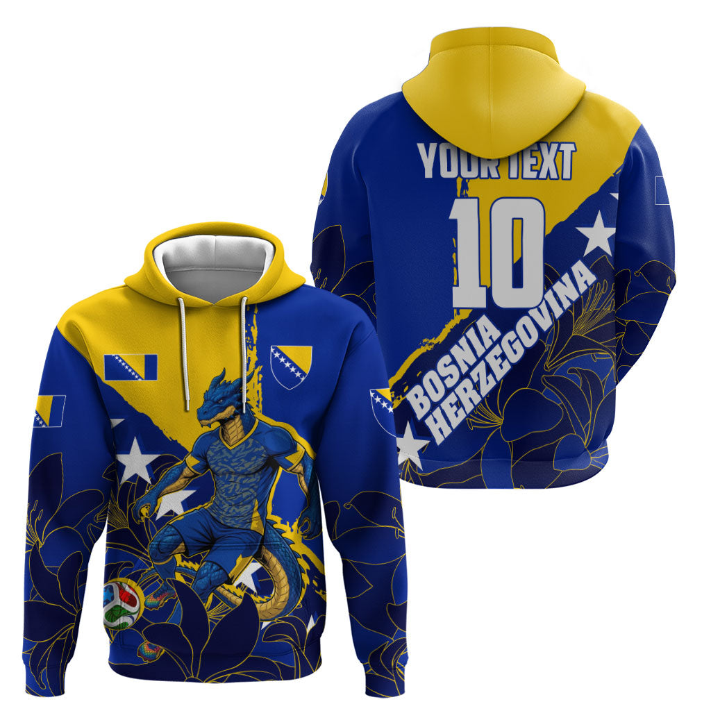 Personalized Bosnia And Herzegovina Football Dragon Mascot Hoodie Balkan Soccer Design With Floral Line Art
