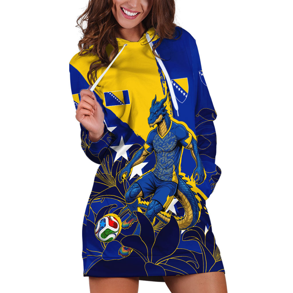 Personalized Bosnia And Herzegovina Football Dragon Mascot Hoodie Dress Balkan Soccer Design With Floral Line Art