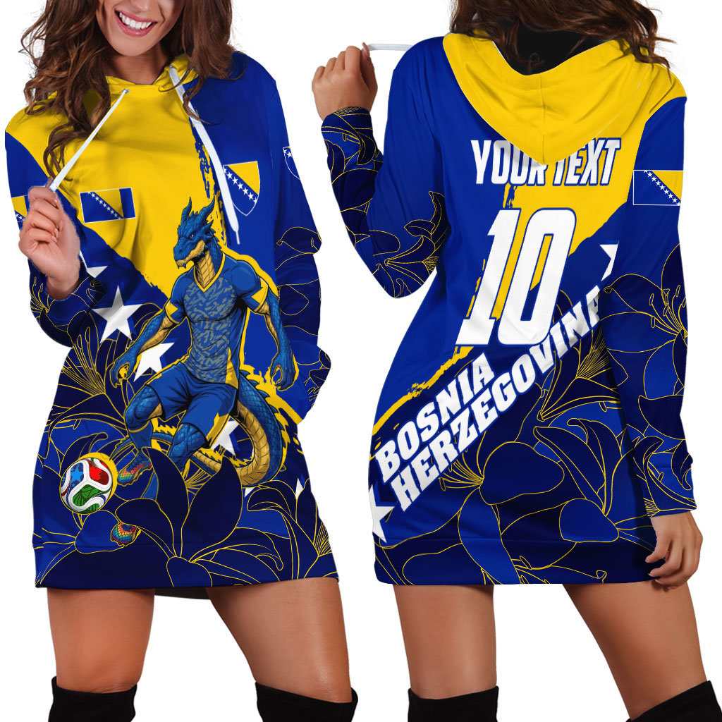 Personalized Bosnia And Herzegovina Football Dragon Mascot Hoodie Dress Balkan Soccer Design With Floral Line Art