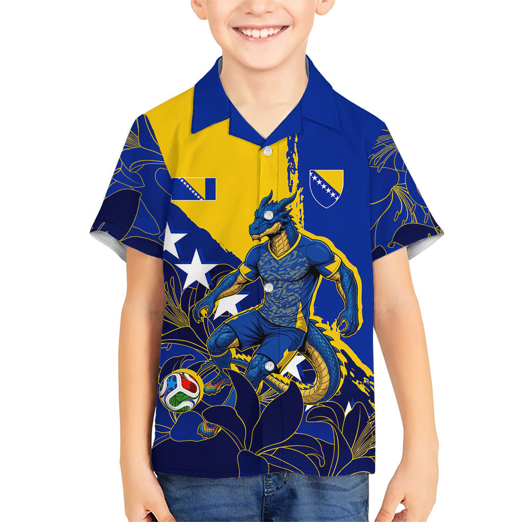 Personalized Bosnia And Herzegovina Football Dragon Mascot Kid Hawaiian Shirt Balkan Soccer Design With Floral Line Art
