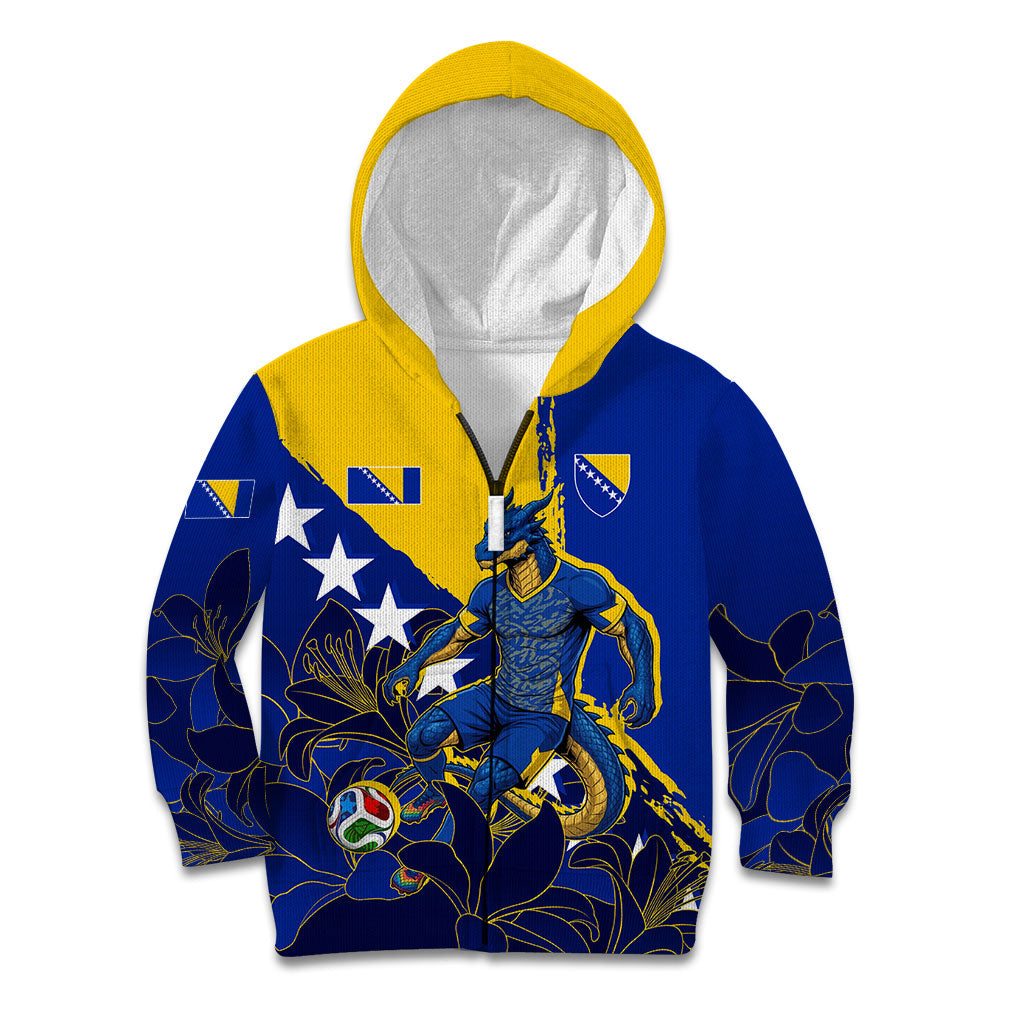 Personalized Bosnia And Herzegovina Football Dragon Mascot Kid Hoodie Balkan Soccer Design With Floral Line Art