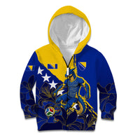 Personalized Bosnia And Herzegovina Football Dragon Mascot Kid Hoodie Balkan Soccer Design With Floral Line Art