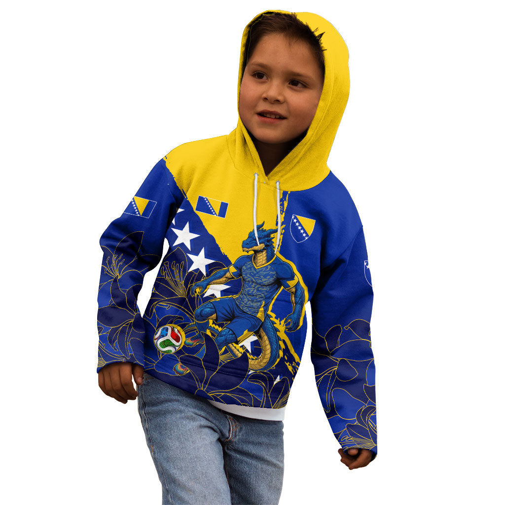 Personalized Bosnia And Herzegovina Football Dragon Mascot Kid Hoodie Balkan Soccer Design With Floral Line Art