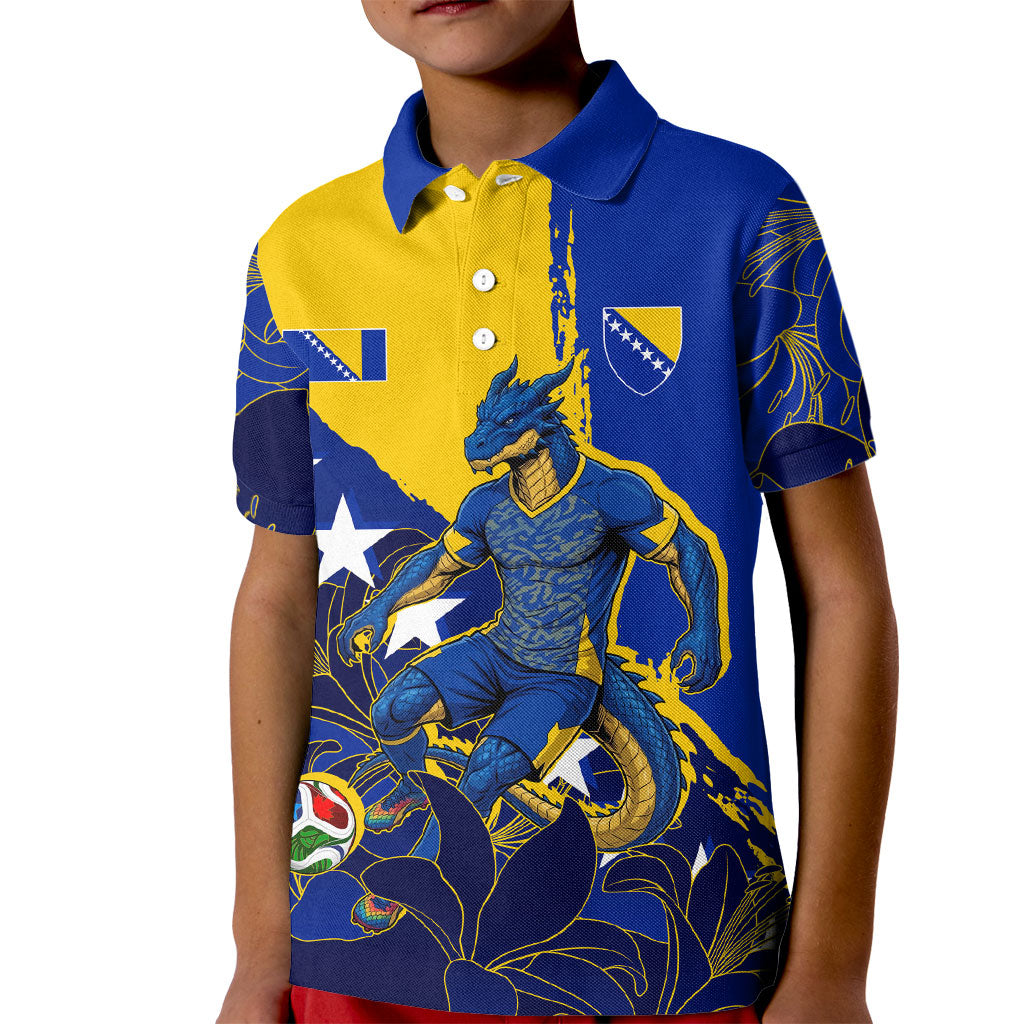Personalized Bosnia And Herzegovina Football Dragon Mascot Kid Polo Shirt Balkan Soccer Design With Floral Line Art