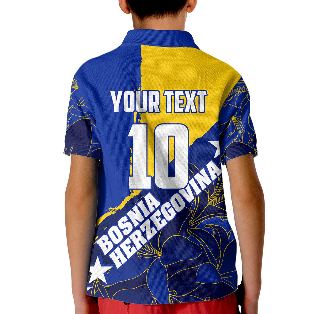 Personalized Bosnia And Herzegovina Football Dragon Mascot Kid Polo Shirt Balkan Soccer Design With Floral Line Art