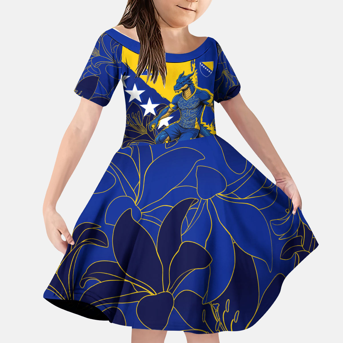 Personalized Bosnia And Herzegovina Football Dragon Mascot Kid Short Sleeve Dress Balkan Soccer Design With Floral Line Art