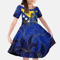 Personalized Bosnia And Herzegovina Football Dragon Mascot Kid Short Sleeve Dress Balkan Soccer Design With Floral Line Art