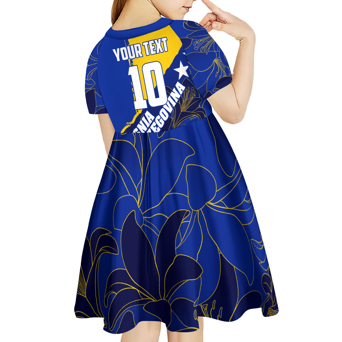 Personalized Bosnia And Herzegovina Football Dragon Mascot Kid Short Sleeve Dress Balkan Soccer Design With Floral Line Art