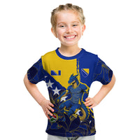 Personalized Bosnia And Herzegovina Football Dragon Mascot Kid T Shirt Balkan Soccer Design With Floral Line Art