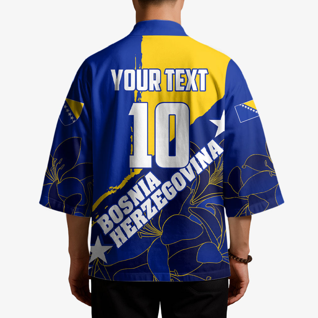 Personalized Bosnia And Herzegovina Football Dragon Mascot Kimono Balkan Soccer Design With Floral Line Art