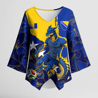 Personalized Bosnia And Herzegovina Football Dragon Mascot Kimono Sleeve Blouse Balkan Soccer Design With Floral Line Art
