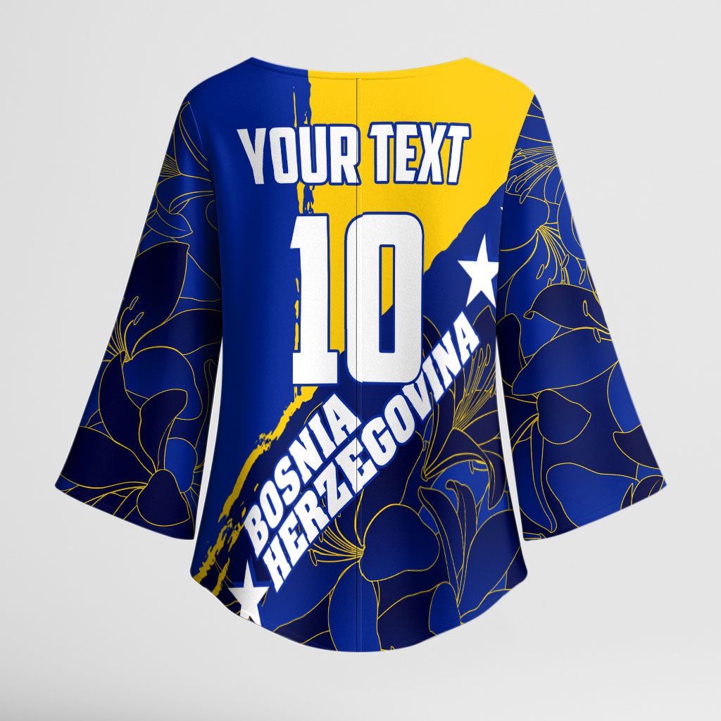 Personalized Bosnia And Herzegovina Football Dragon Mascot Kimono Sleeve Blouse Balkan Soccer Design With Floral Line Art