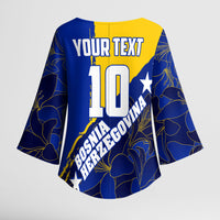 Personalized Bosnia And Herzegovina Football Dragon Mascot Kimono Sleeve Blouse Balkan Soccer Design With Floral Line Art