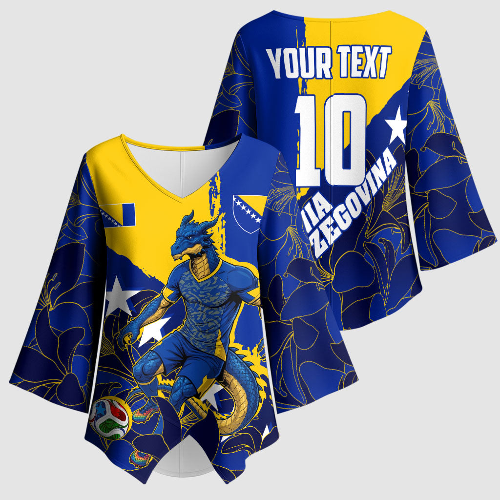 Personalized Bosnia And Herzegovina Football Dragon Mascot Kimono Sleeve Blouse Balkan Soccer Design With Floral Line Art