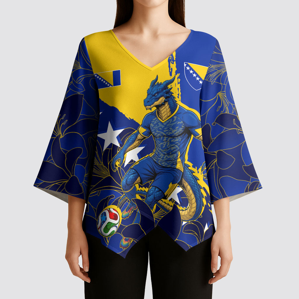 Personalized Bosnia And Herzegovina Football Dragon Mascot Kimono Sleeve Blouse Balkan Soccer Design With Floral Line Art
