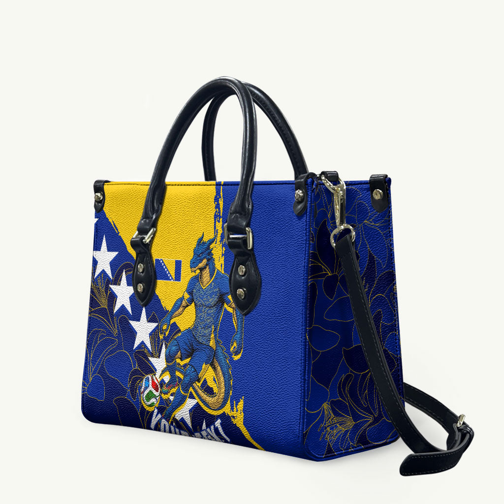 Personalized Bosnia And Herzegovina Football Dragon Mascot Leather Bag Balkan Soccer Design With Floral Line Art