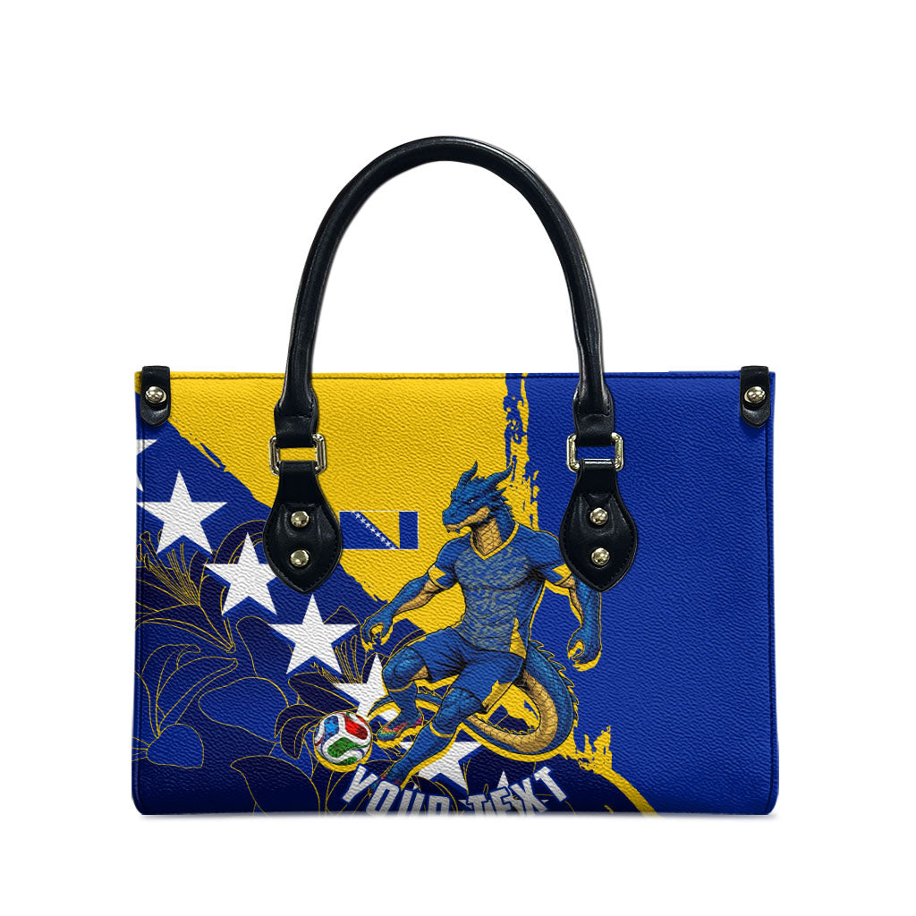 Personalized Bosnia And Herzegovina Football Dragon Mascot Leather Bag Balkan Soccer Design With Floral Line Art