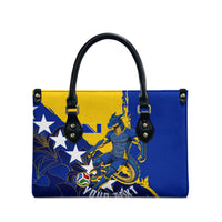 Personalized Bosnia And Herzegovina Football Dragon Mascot Leather Bag Balkan Soccer Design With Floral Line Art