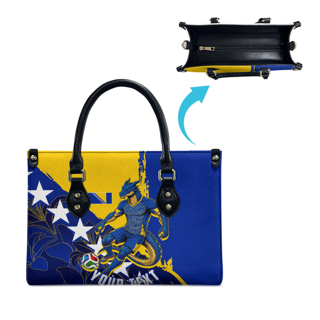 Personalized Bosnia And Herzegovina Football Dragon Mascot Leather Bag Balkan Soccer Design With Floral Line Art