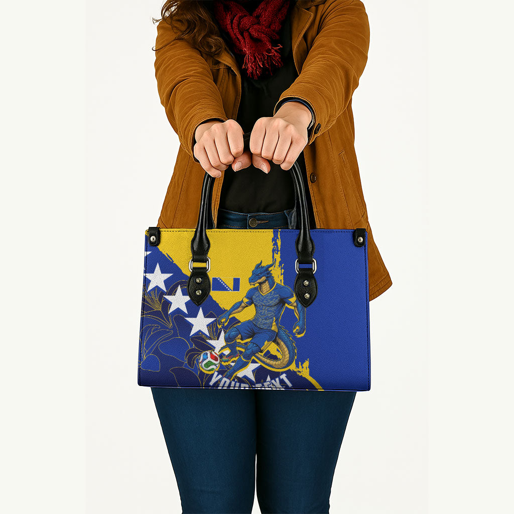 Personalized Bosnia And Herzegovina Football Dragon Mascot Leather Bag Balkan Soccer Design With Floral Line Art